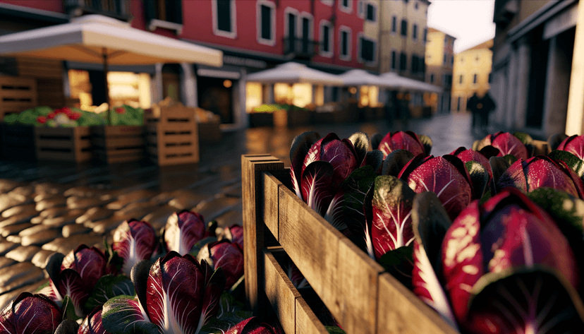 Cassetta di radicchio di Treviso fresco esposto in un mercato all'aperto con sfondo di edifici veneti