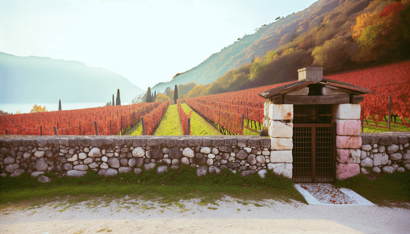 Vigneto autunnale con filari di viti rosse e muro di pietra con piccolo ingresso chiuso da cancello in Trentino