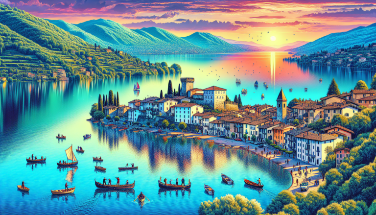 Illustrazione colorata di un tramonto sul Lago di Garda.