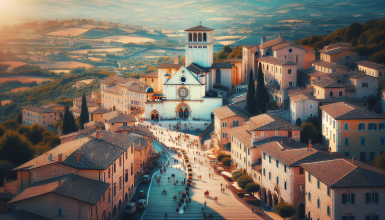 Assise, place avec la basilique Saint-François, coucher de soleil.