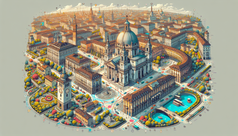 Illustrazione stilizzata di città europea animata.