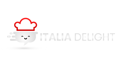 Italia Delight Logo mit lächelndem Teller und Kochmütze.