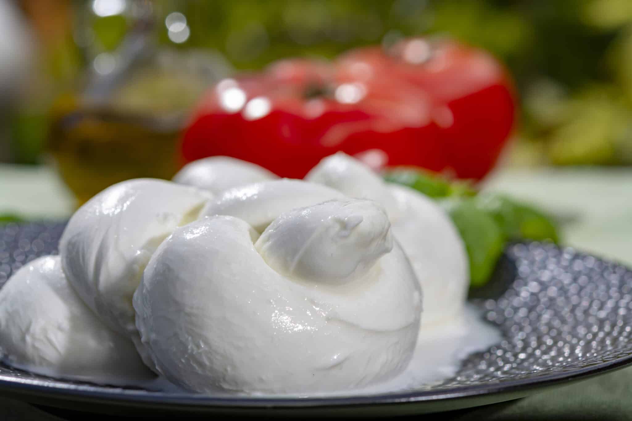 Intrecciati per formare una treccia di mozzarella, formaggio a pasta molle italiano servito con basilico fresco e pomodori da vicino