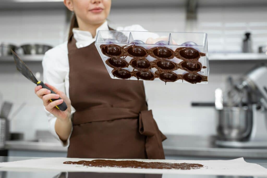 Chef or chocolatier makes sweet chocolates in a professional kitchen.