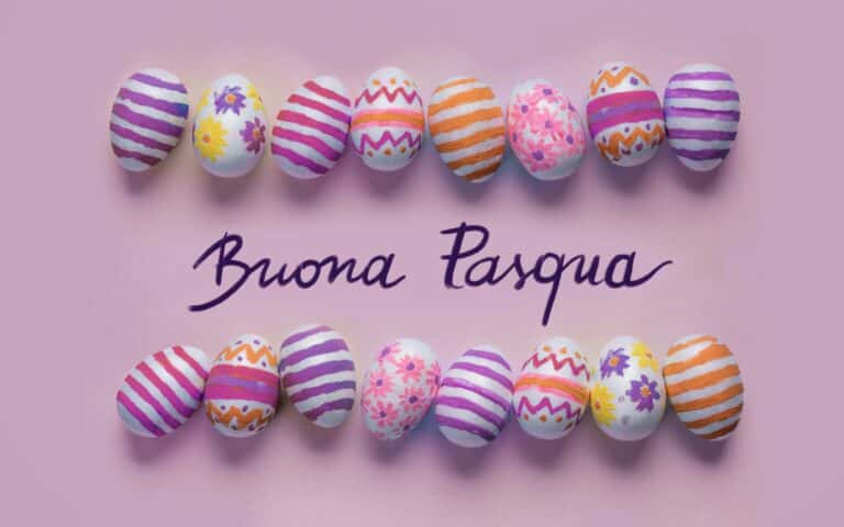 Decorated Easter Eggs with "Buona Pasqua" message on pink background