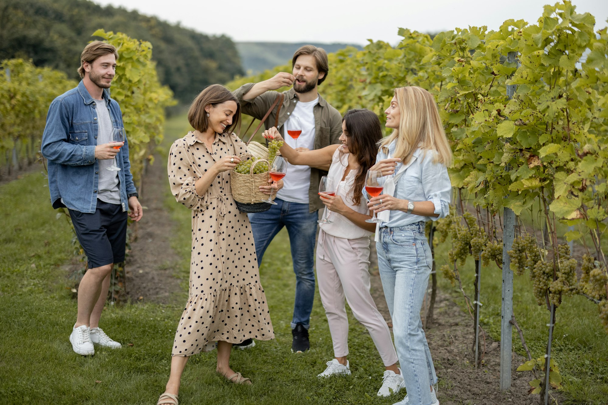 Amici che degustano vino vicino ai vigneti in campagna