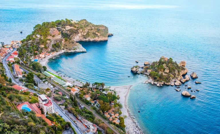 Isola Bella in Taormina, Sicily, Italy. Aerial view of small beautiful island