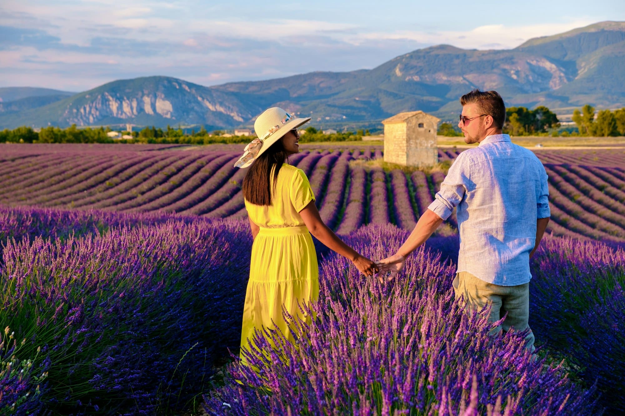 Provenza, campo di lavanda in Francia, campo di lavanda di Valensole nel Sud della Francia. Coppia in vacanza.