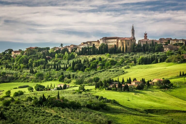 View of the town of Pienza at sunset