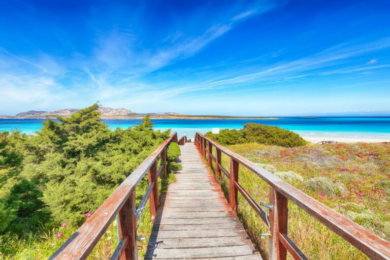 Wonderful view of Famous La Pelosa beach (Spiaggia della Pelosa) with wooden footbridge