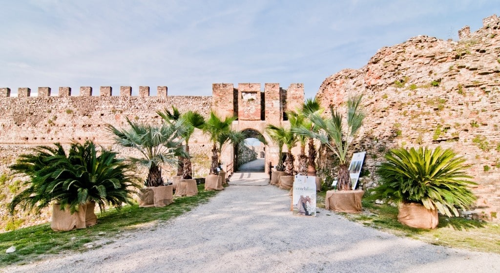 Rocca medievale con palme e percorso in ghiaia.