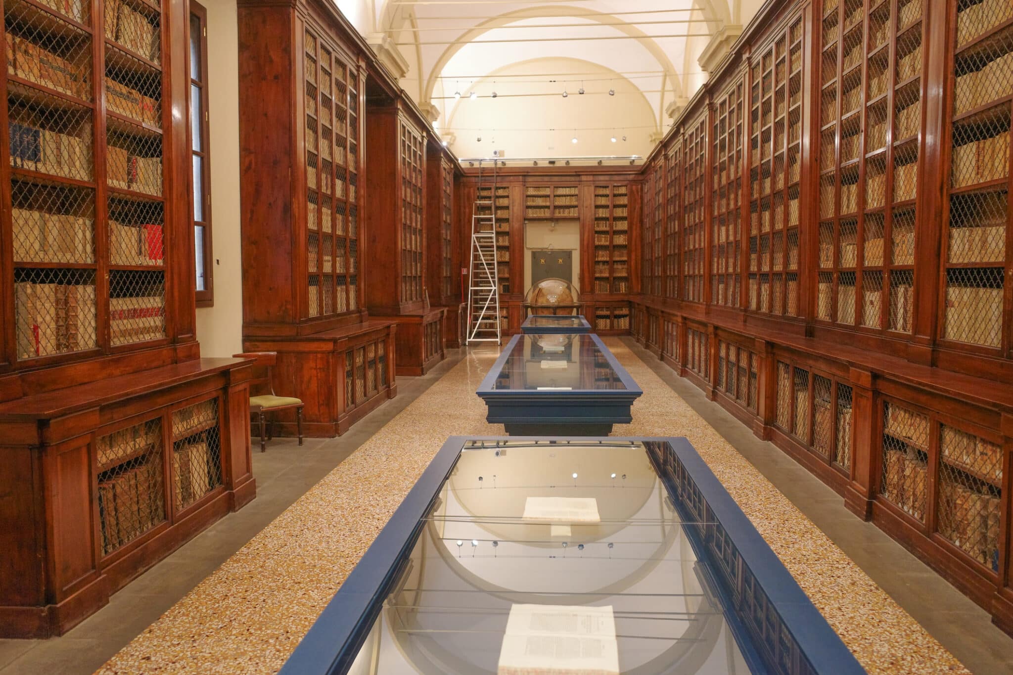 Intérieur d'une bibliothèque ancienne avec des étagères en bois.