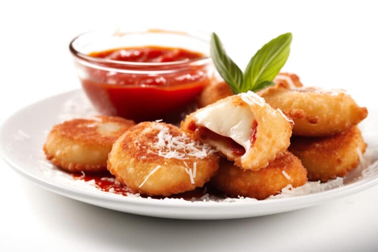 Fried ravioli with tomato sauce and basil.