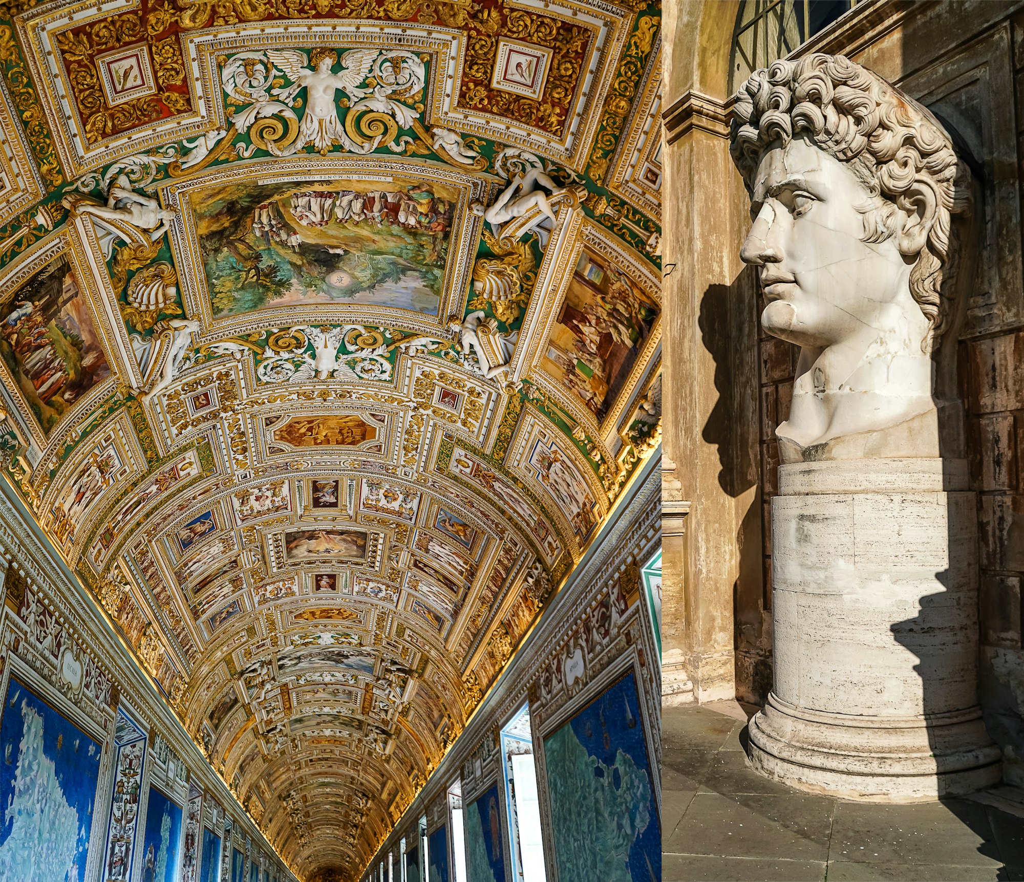 Statue of the head of Caesar Augustus next to the paintings on the walls and ceiling in the Map Gallery of the Vatican Museums