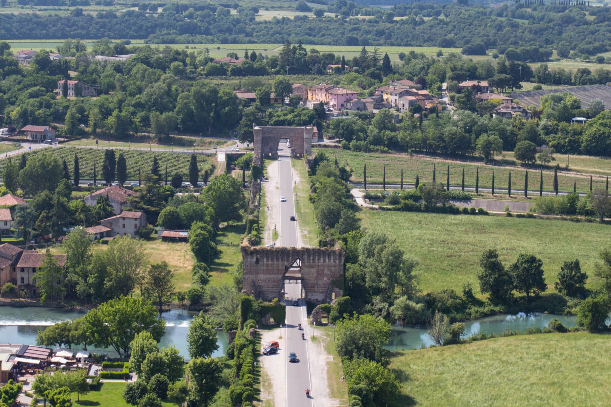 Aerial view of Visconti bridge in Valeggio sul Mincio