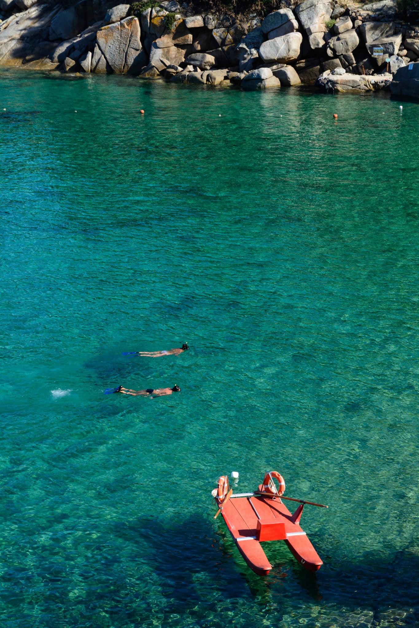 Due snorkelisti nuotano in una baia dell'Isola del Giglio Toscana Italia