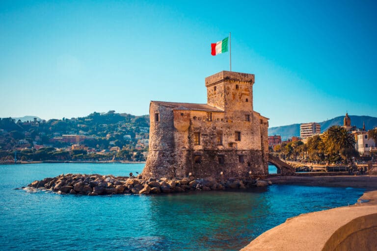 Rapallo, the medieval castle on the sea. Travel destination near Genoa, region Liguria, Italy