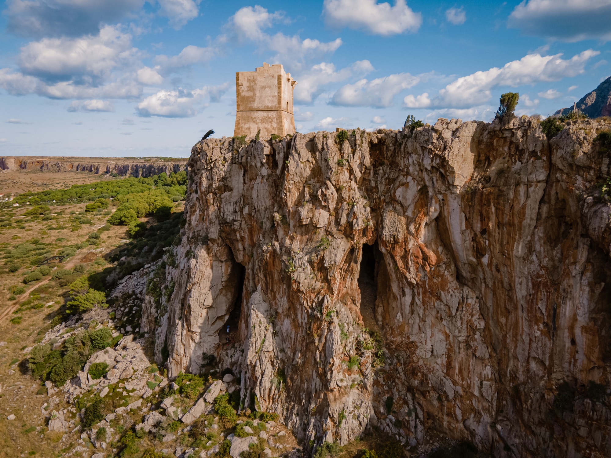 Torre antica su rupe rocciosa con vegetazione