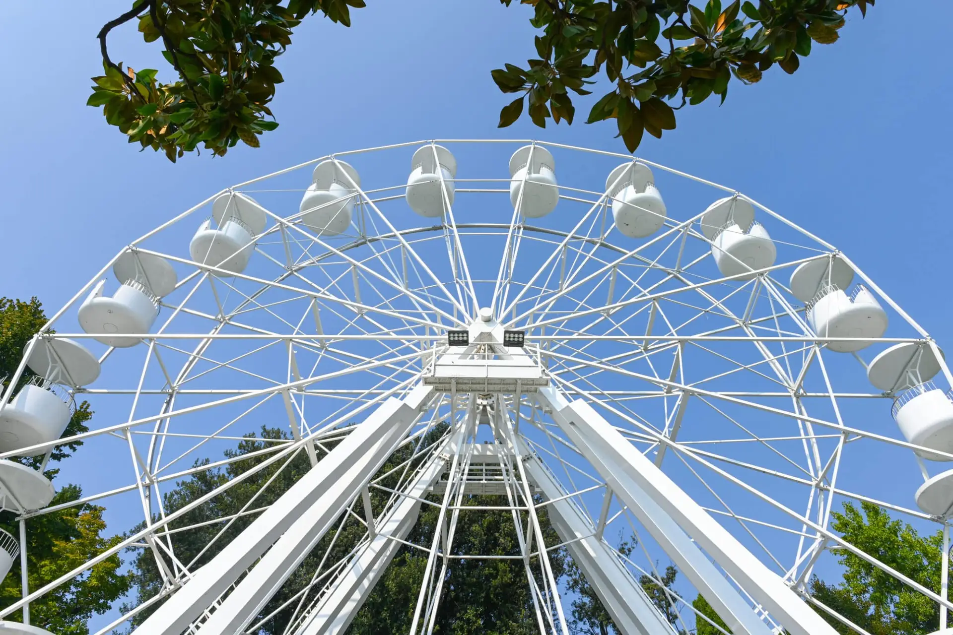 Ruota panoramica bianca contro cielo azzurro