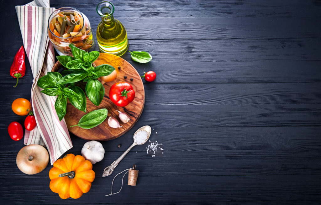 Fresh Italian ingredients on a wooden table