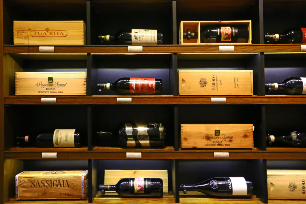 Shelf with fine wine bottles